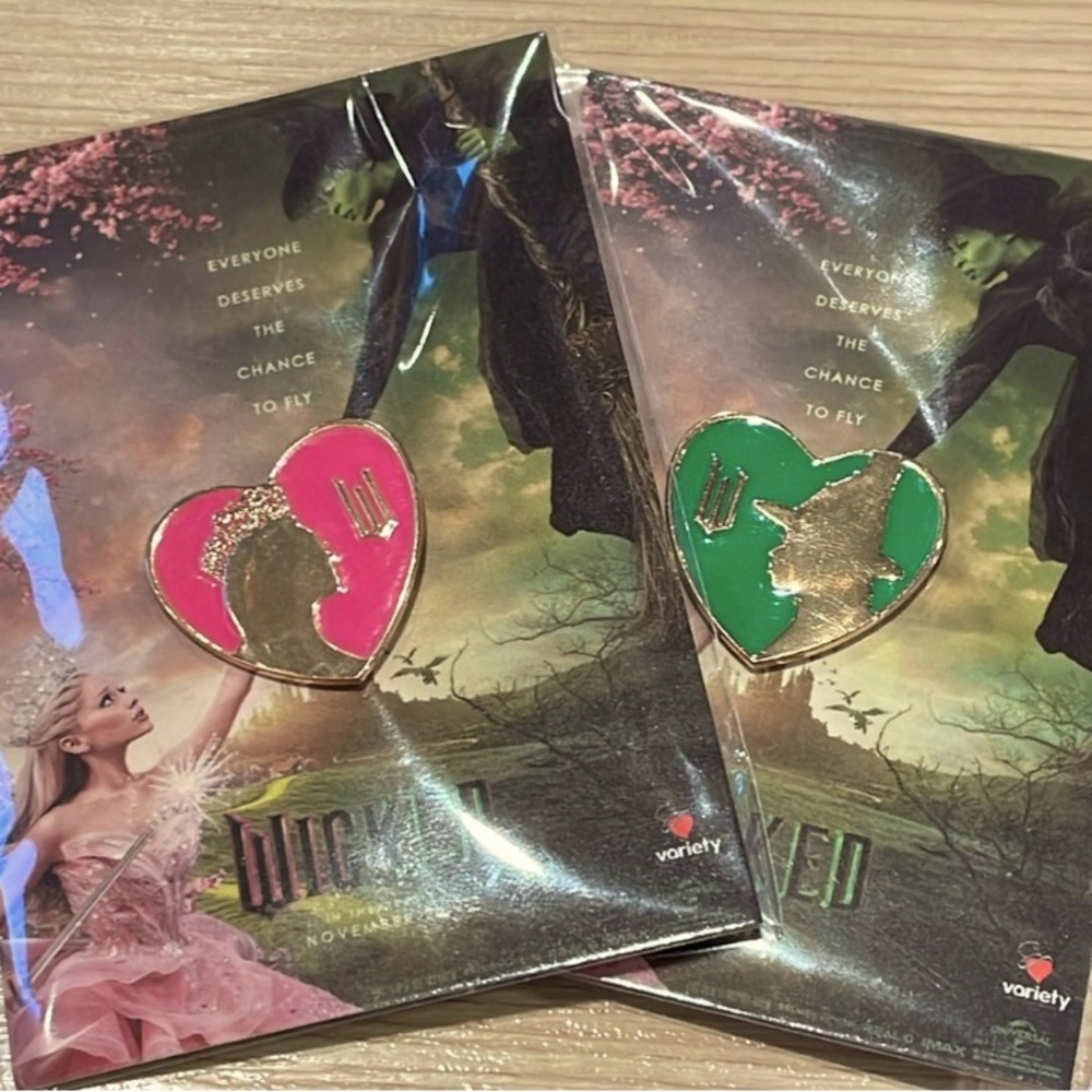 Heart-shaped Wicked Movie Pins Pink and Green Set of Two Collector’s Pieces